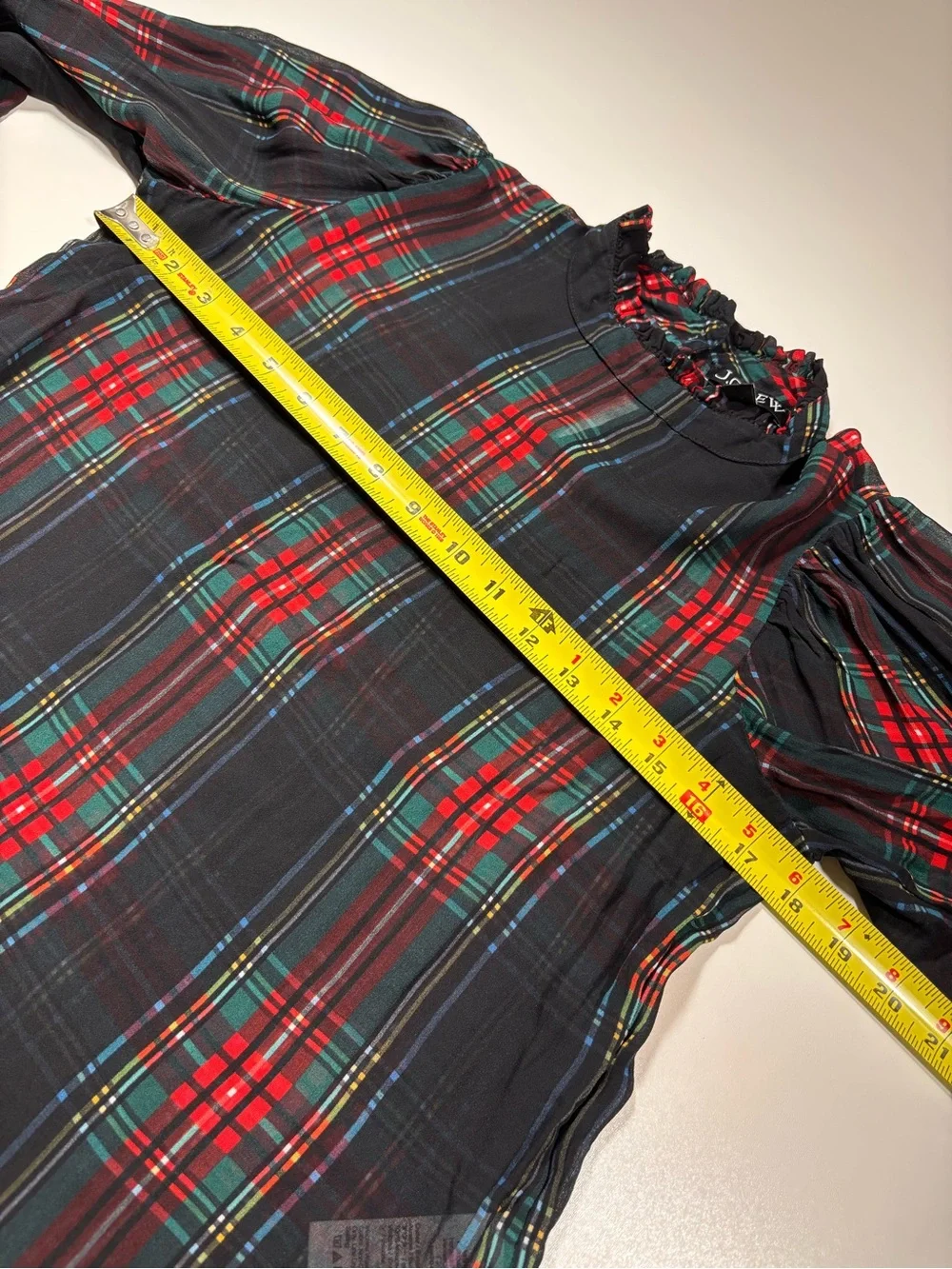 J.Crew Ruffleneck Top Stewart Tartan Chiffon XS Plaid Holiday Red Green Sheer